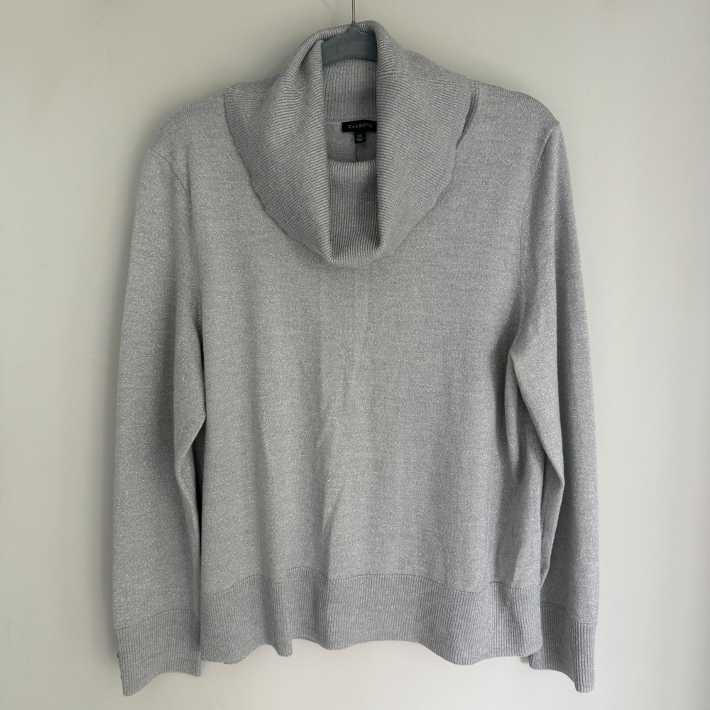 Talbots Cowl Neck Sweater Gray Silver Metallic Shimmer Button Cuff XL NEW NWT